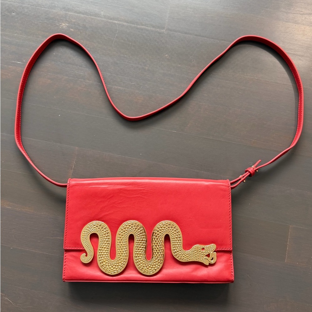 Jonathan Adler x Tumi one of a kind red snake clutch bag with crossbody strap